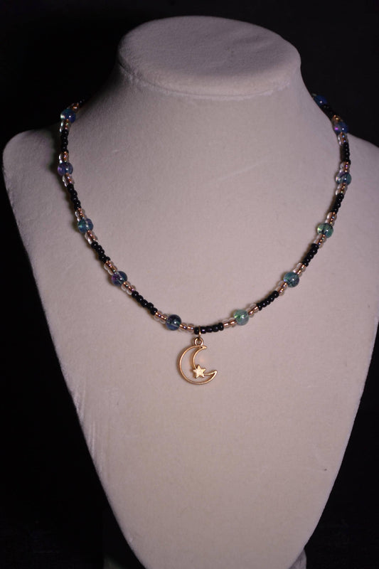 Moon pendant glass bead choker