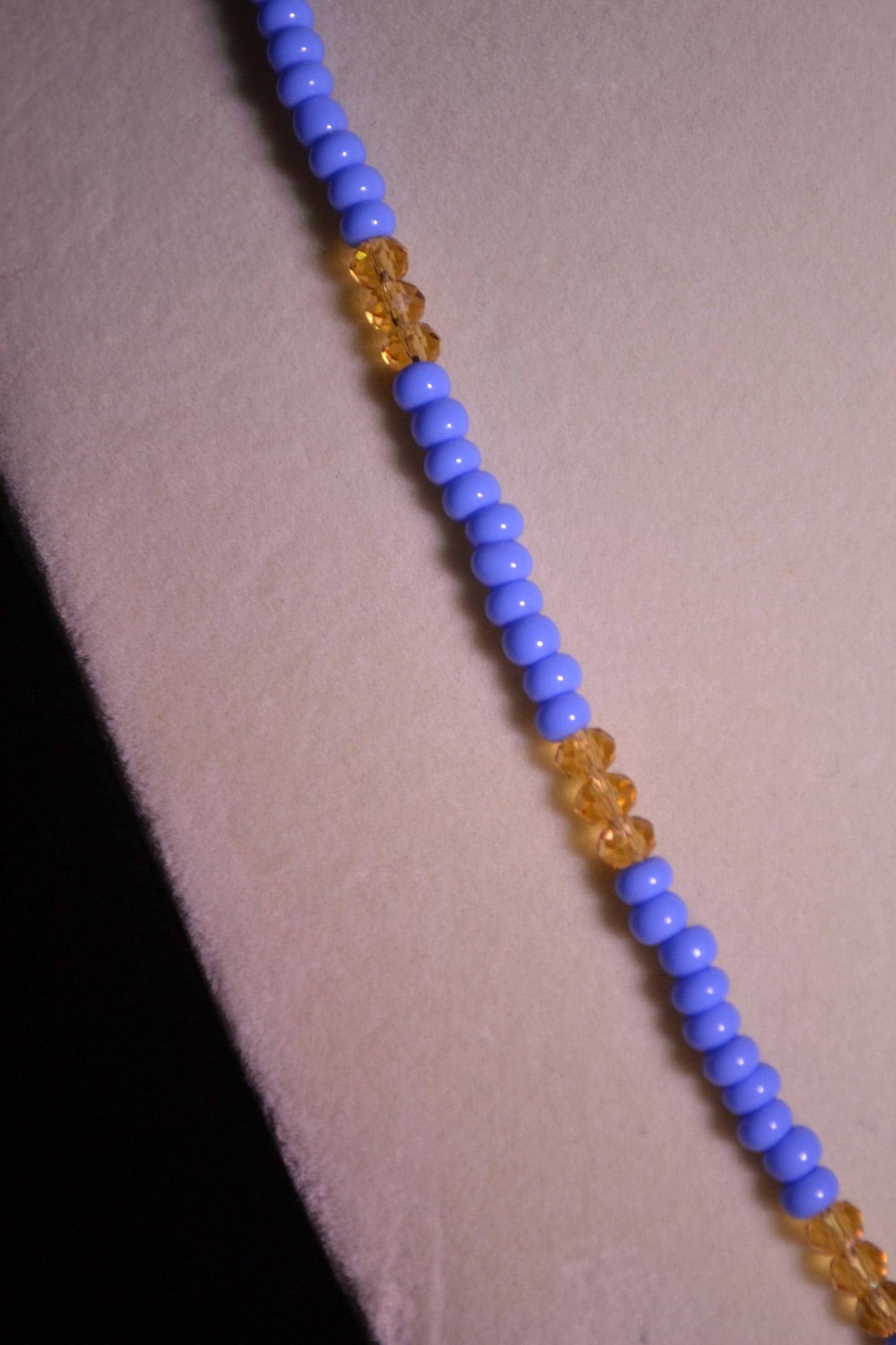 Multicolor glass bead necklace. Periwinkle and topaz.