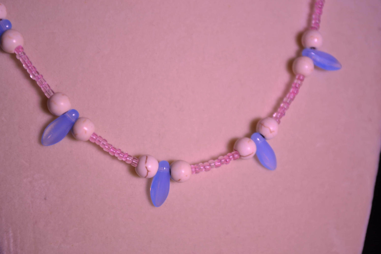 Multicolor glass bead necklace. Pink, blue, and white