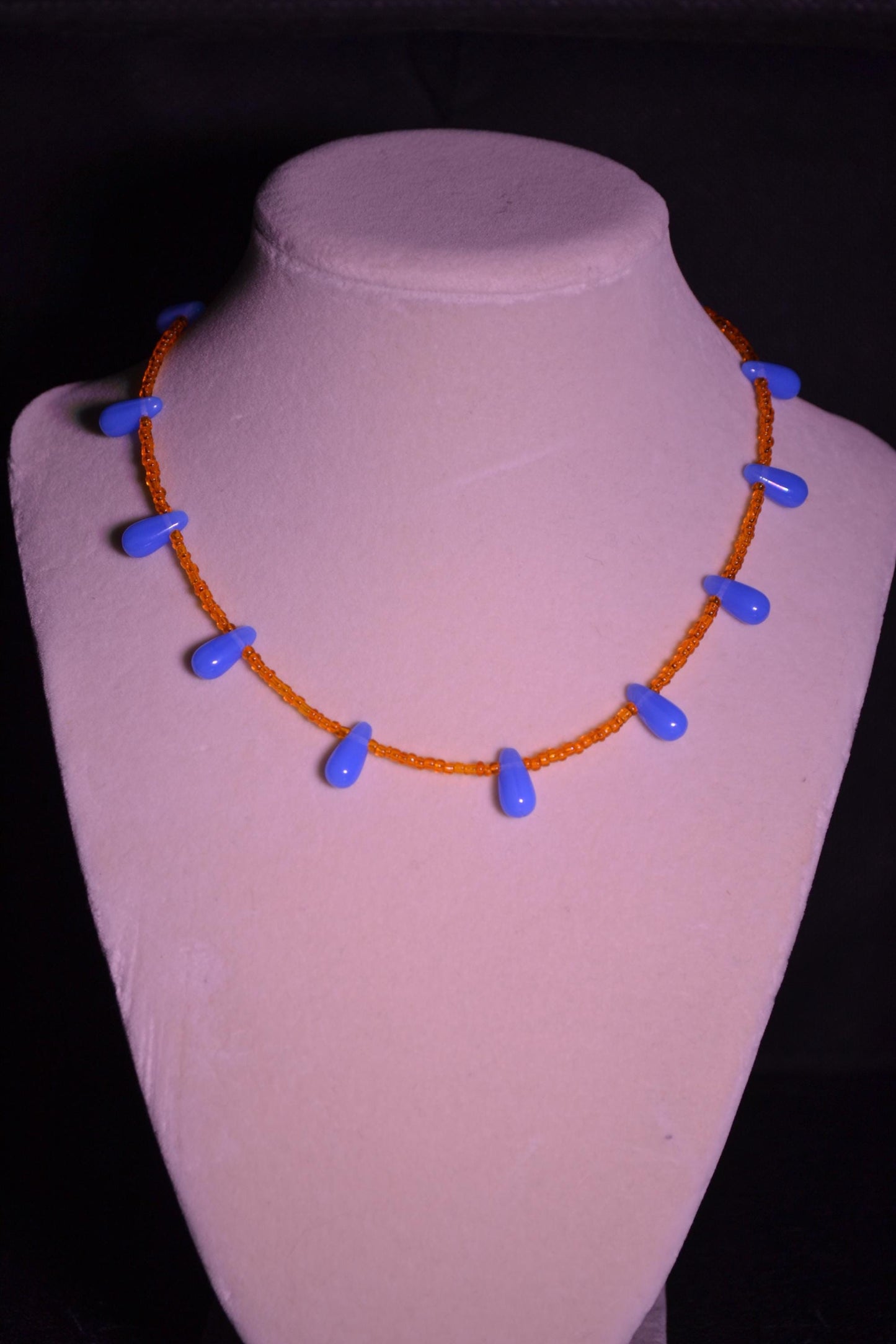 Orange & blue glass bead necklace