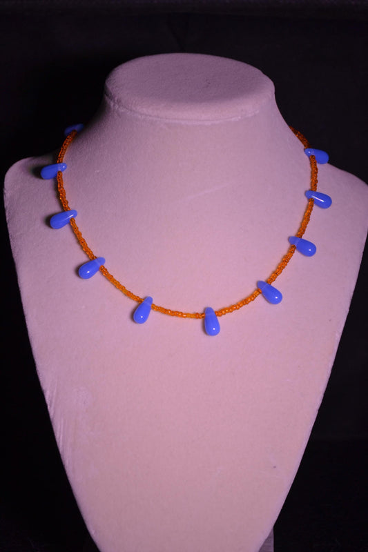 Orange & blue glass bead necklace