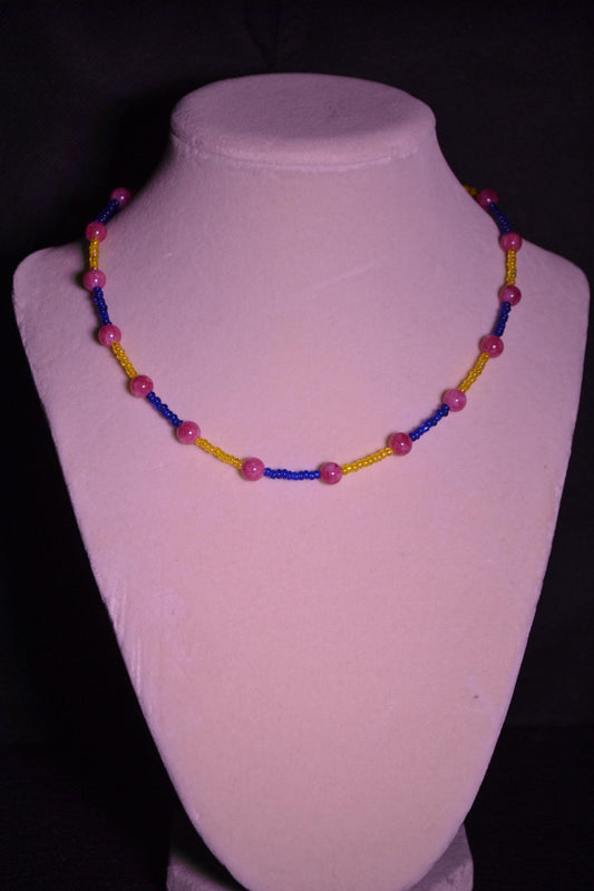 Yellow, blue, and pink glass bead necklace