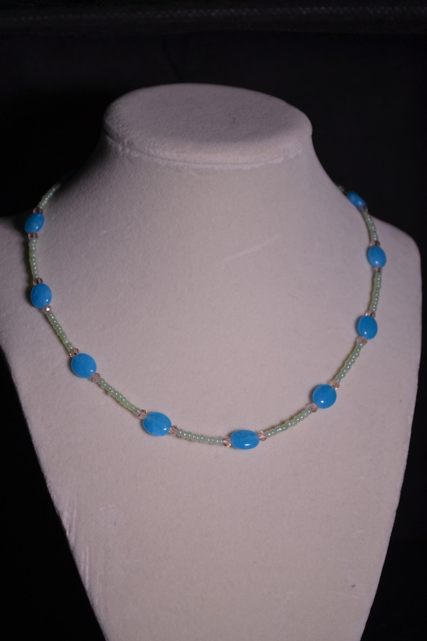 Blue and green glass bead necklace