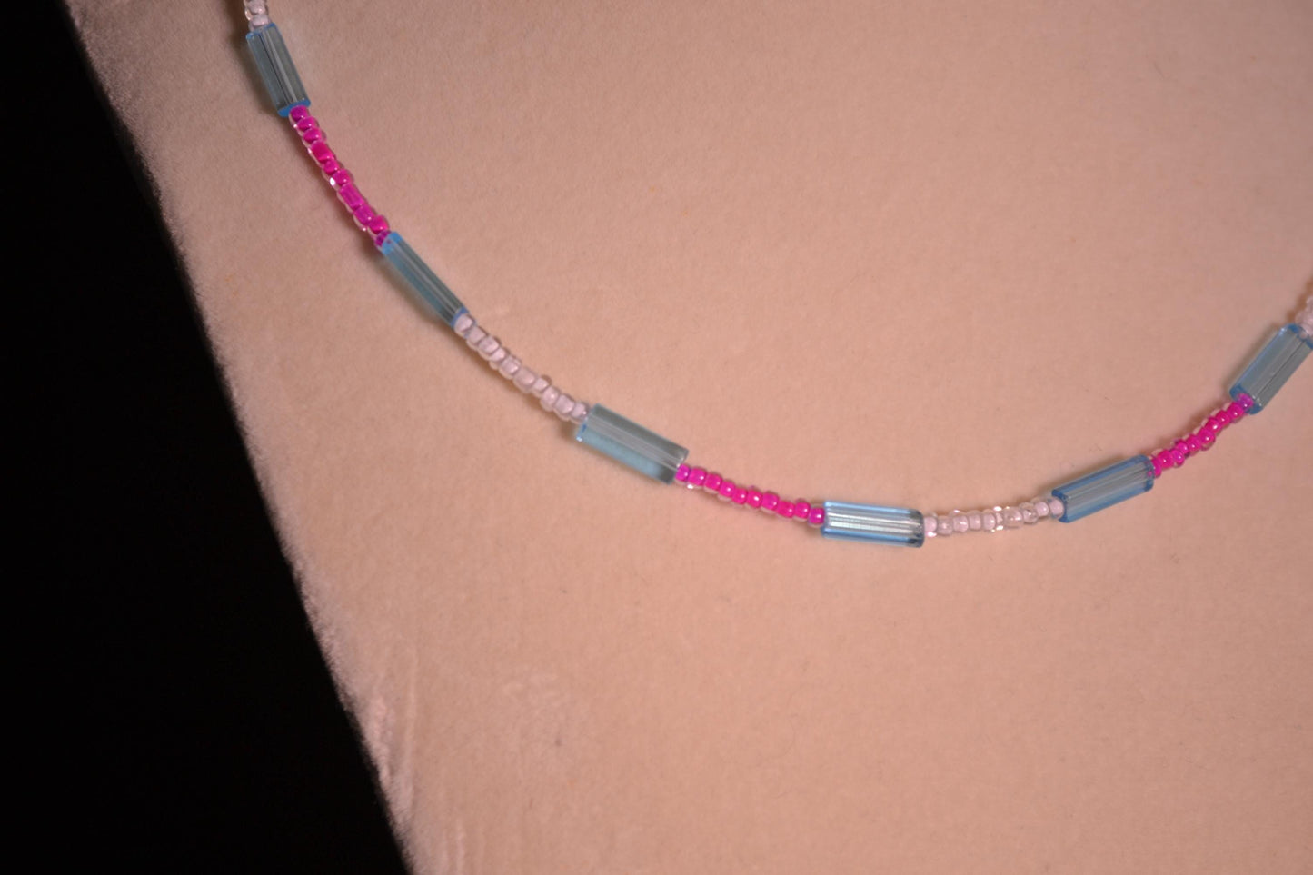 Multicolor glass bead necklace. Pink, blue, and white