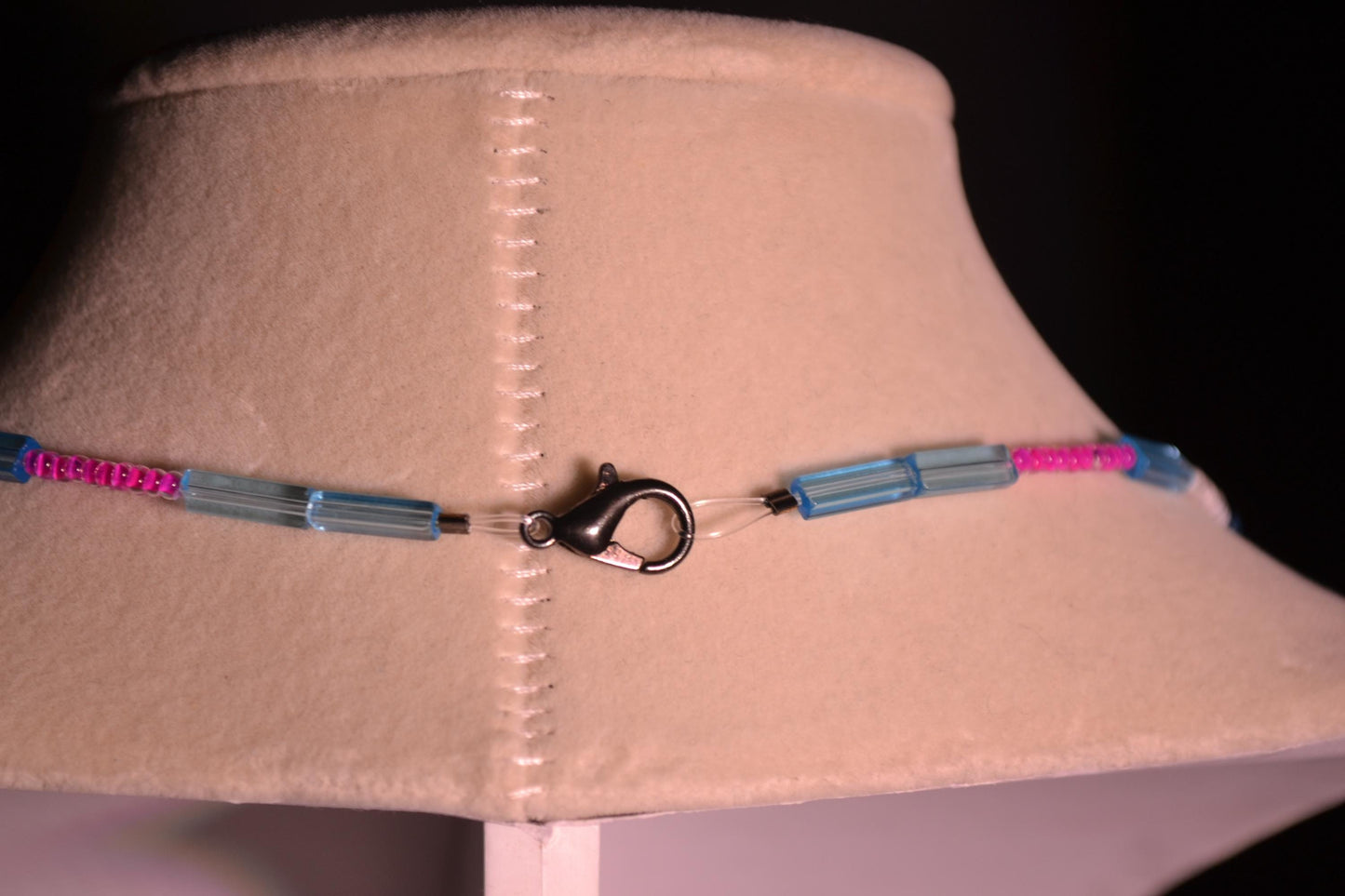 Multicolor glass bead necklace. Pink, blue, and white