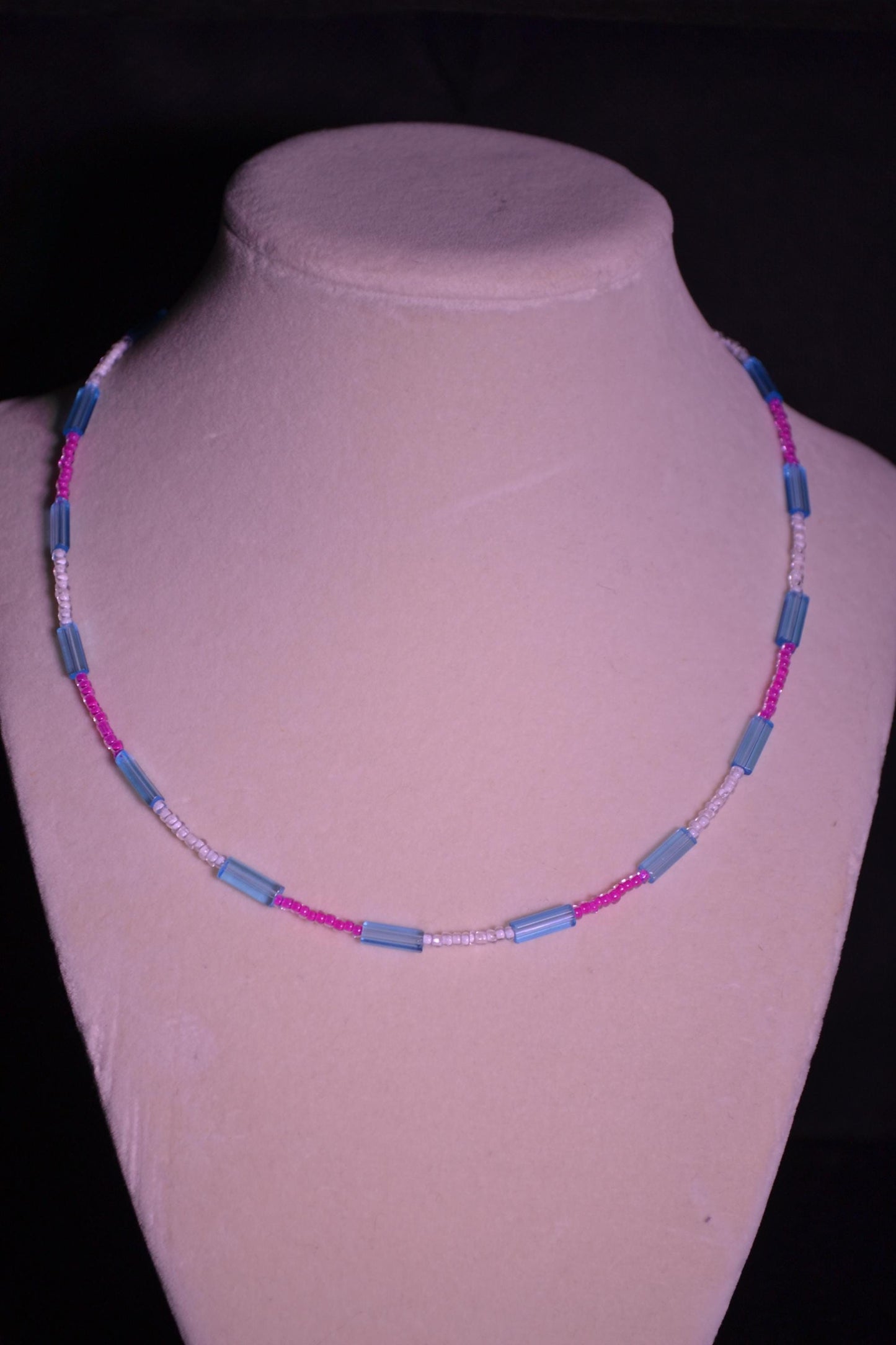 Multicolor glass bead necklace. Pink, blue, and white