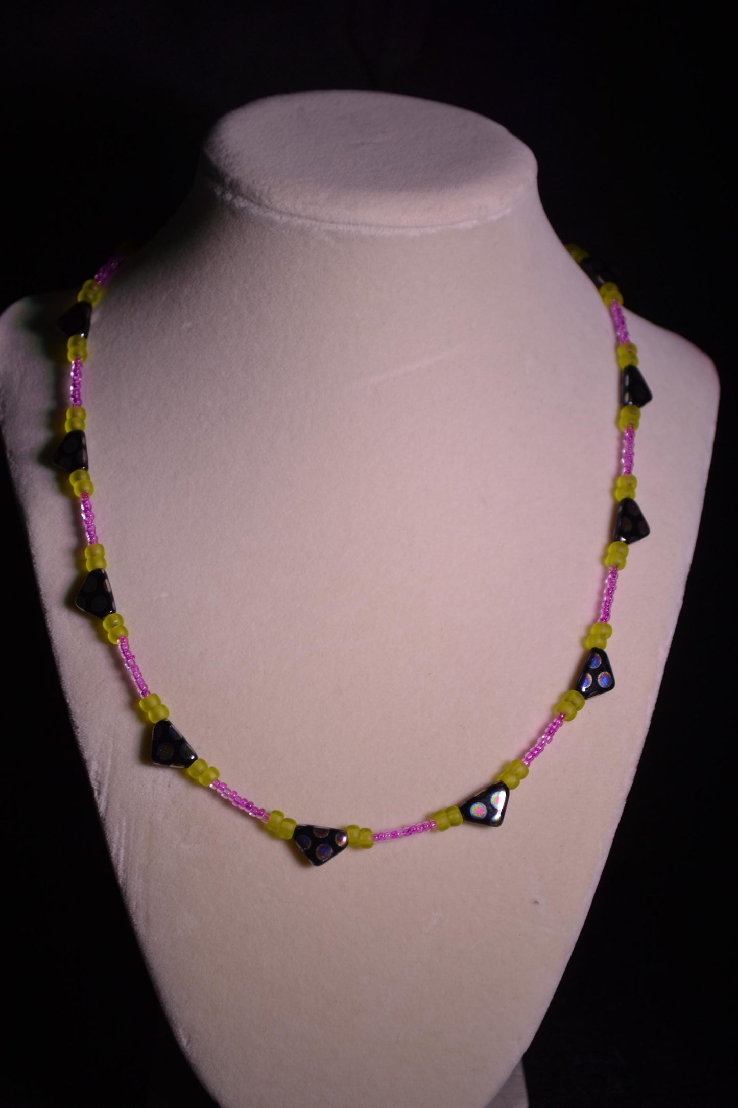 Pink, Green, and Black Beaded Necklace