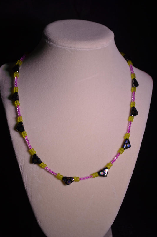 Pink, Green, and Black Beaded Necklace