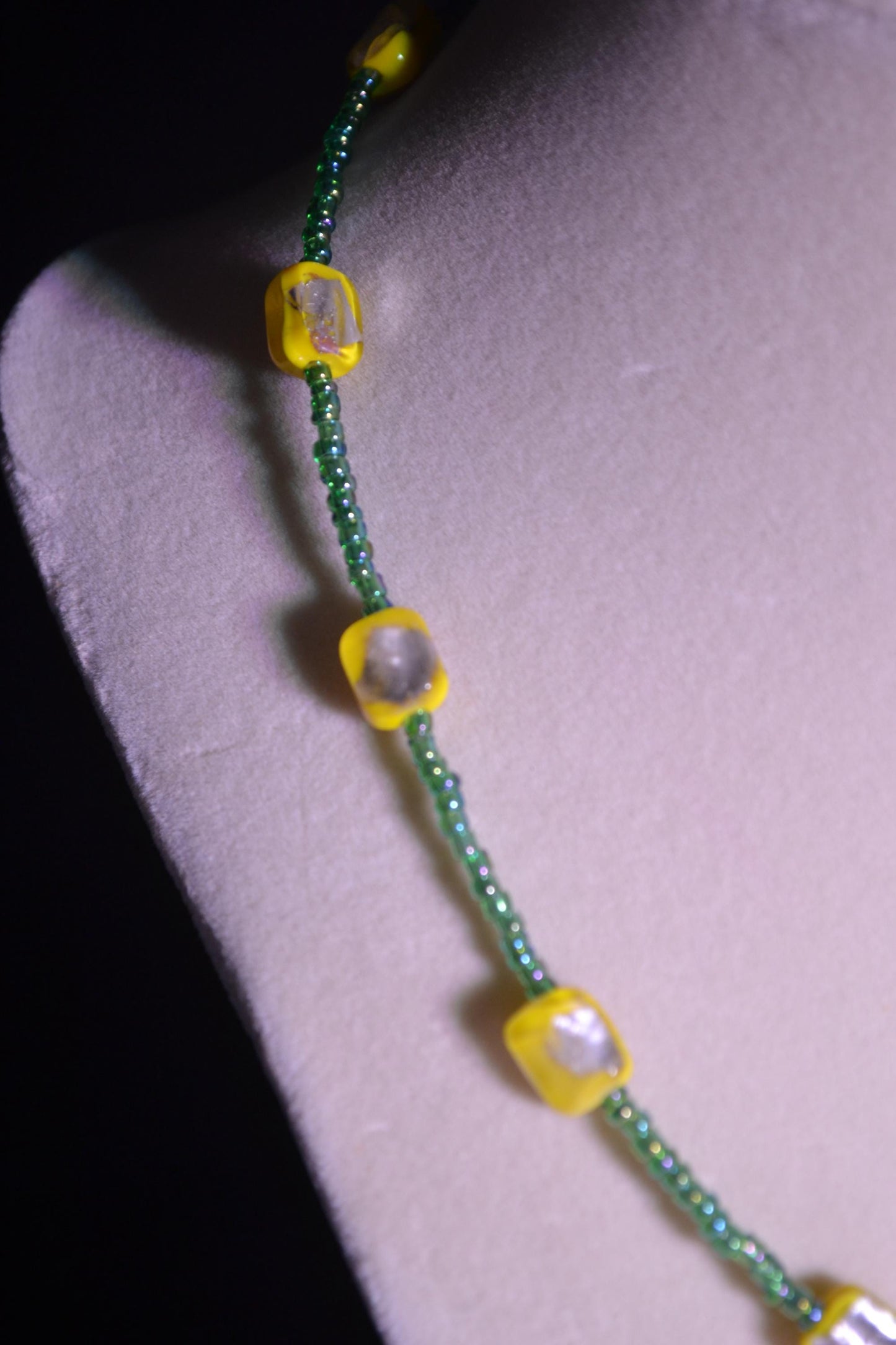 Yellow, Silver, and Green glass bead necklace