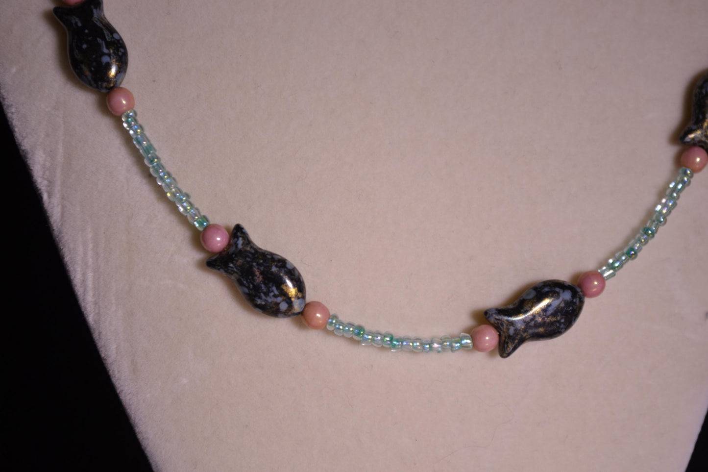 Beaded fish necklace. Blue, pink, and fish beads