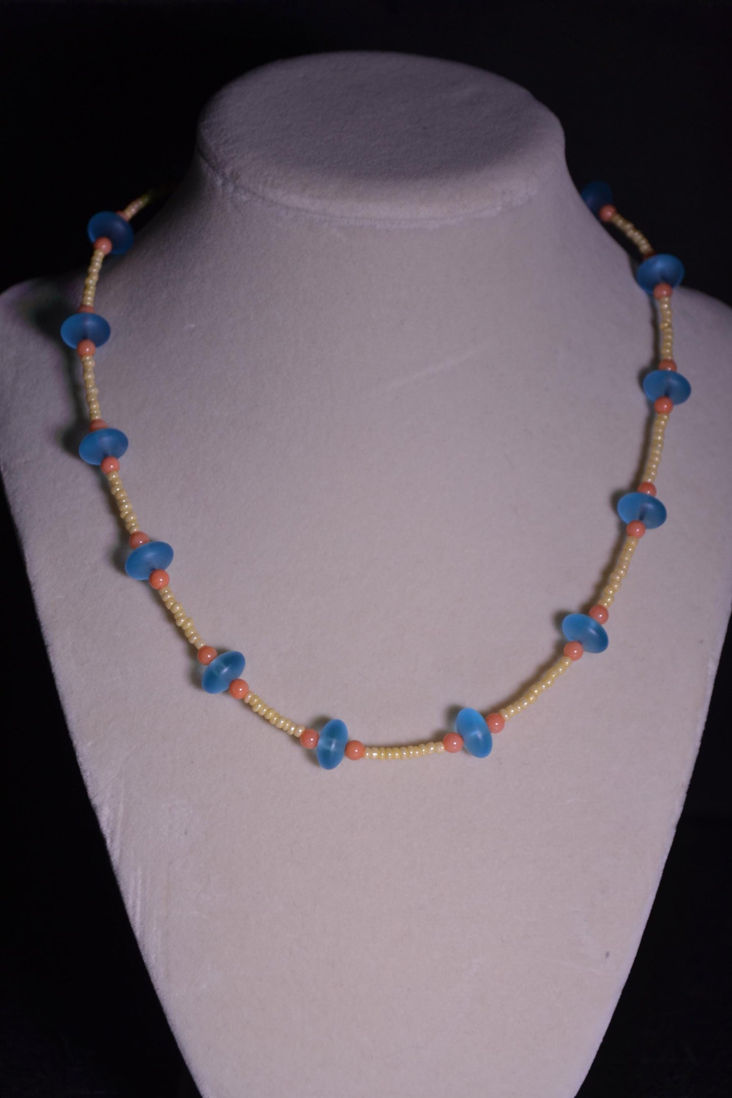 Multicolor glass bead necklace. Aqua, coral, and yellow