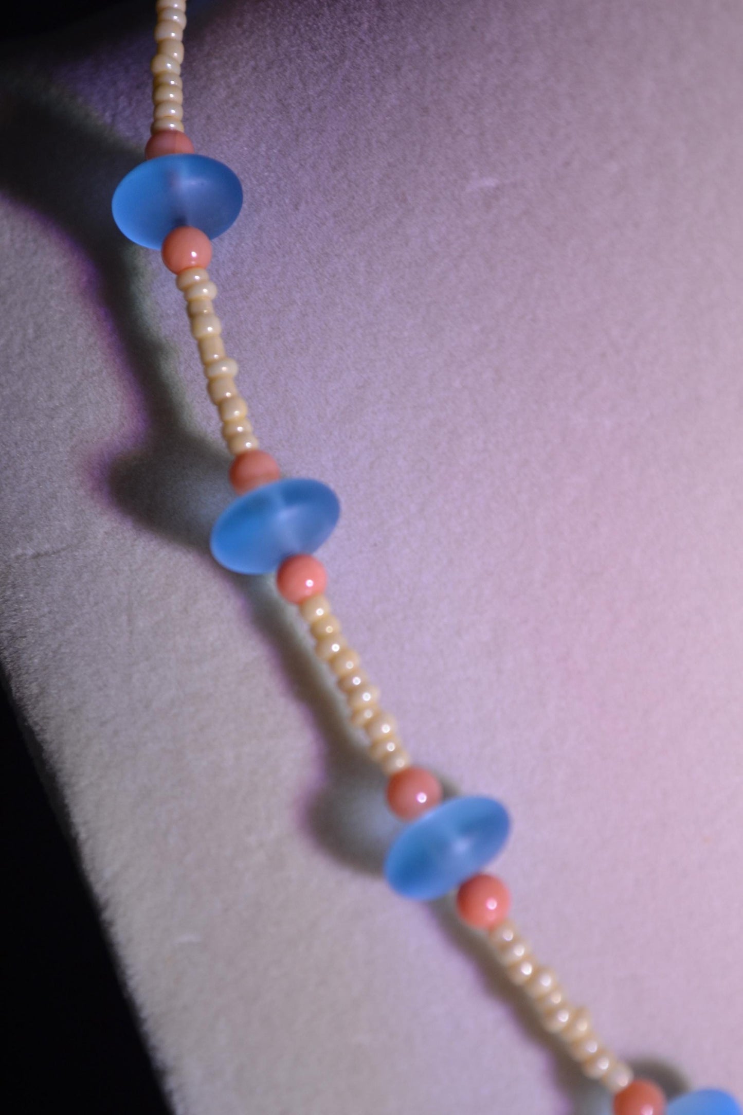 Multicolor glass bead necklace. Aqua, coral, and yellow