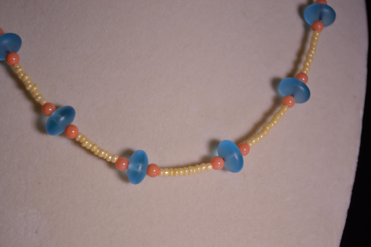 Multicolor glass bead necklace. Aqua, coral, and yellow