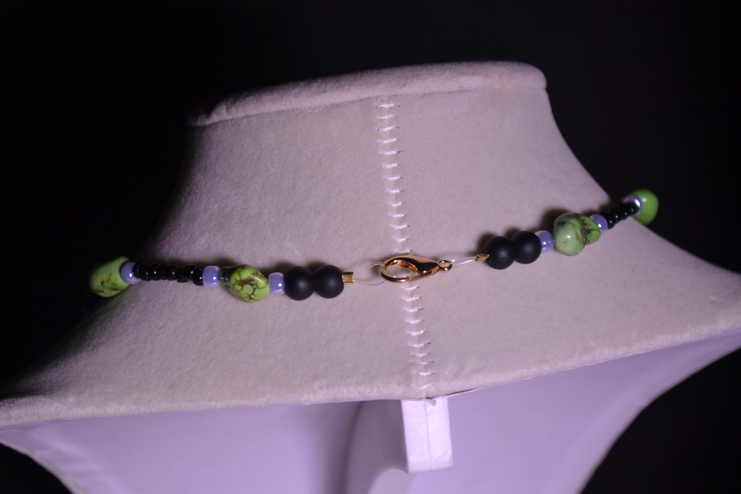 Multicolor glass bead necklace. Green turquoise, black, and purple