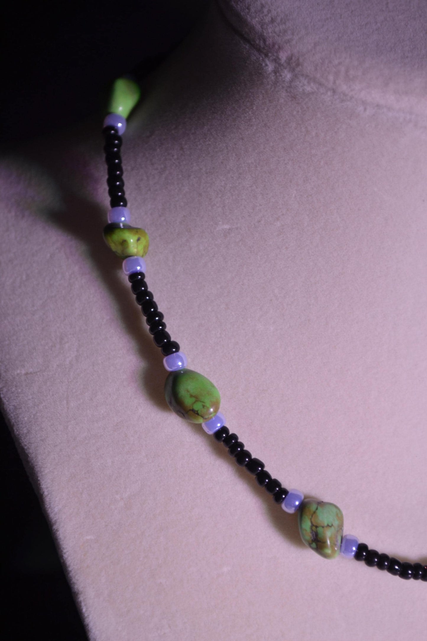 Multicolor glass bead necklace. Green turquoise, black, and purple