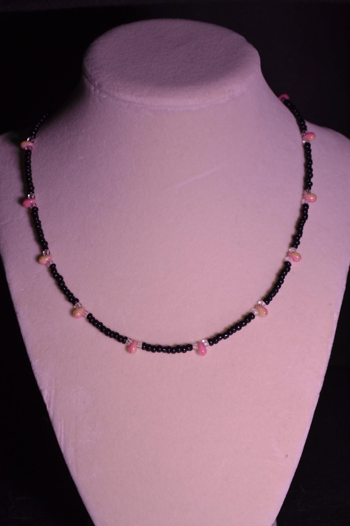 Multicolor glass bead necklace. Black, pink, and yellow