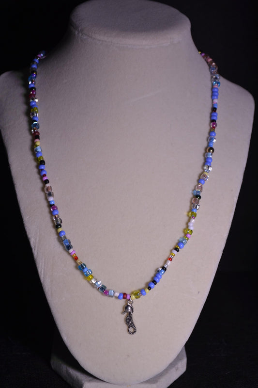 Multicolor glass bead necklace. Seahorse pendant