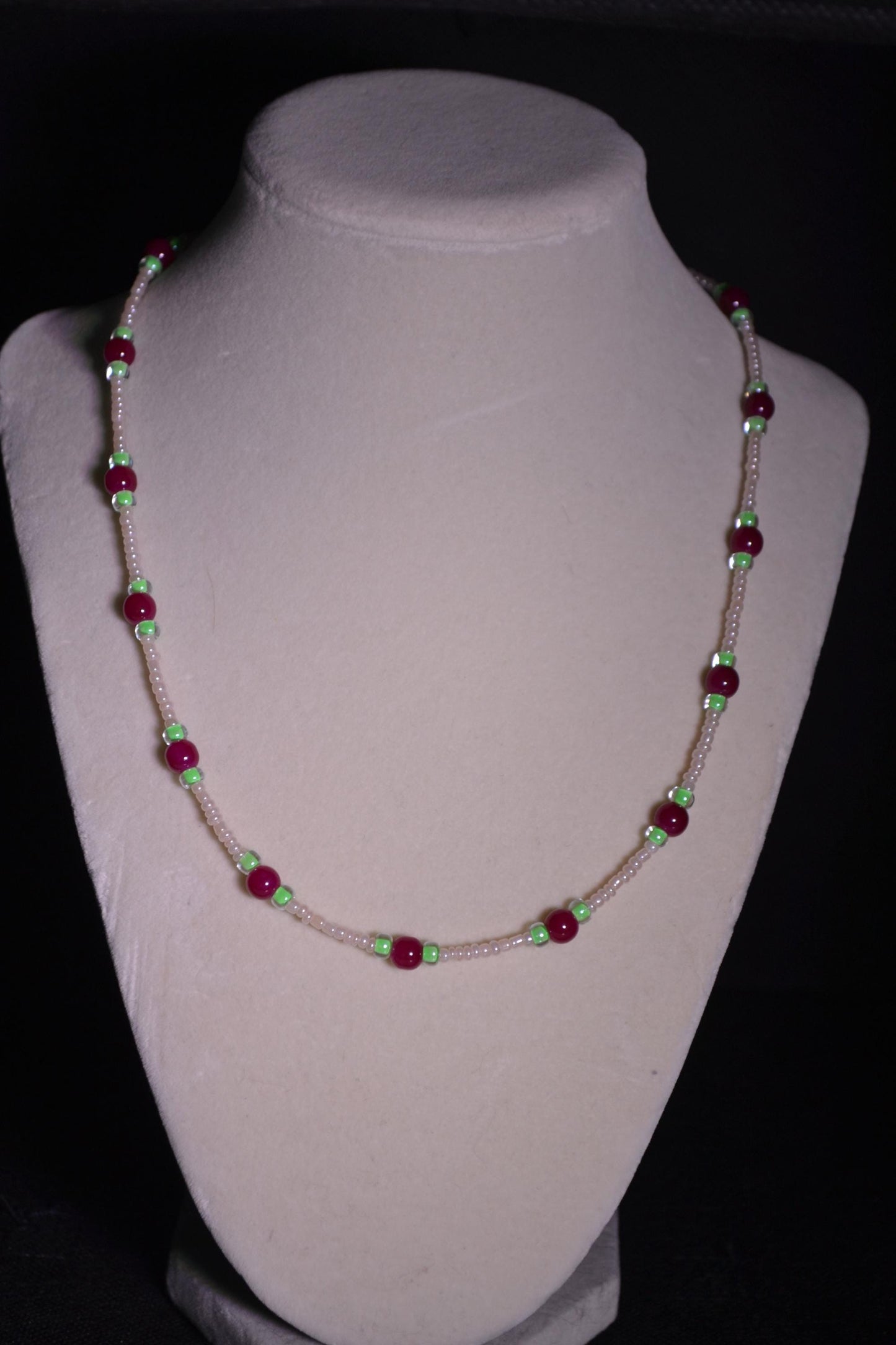 Cranberry and green glass bead necklace