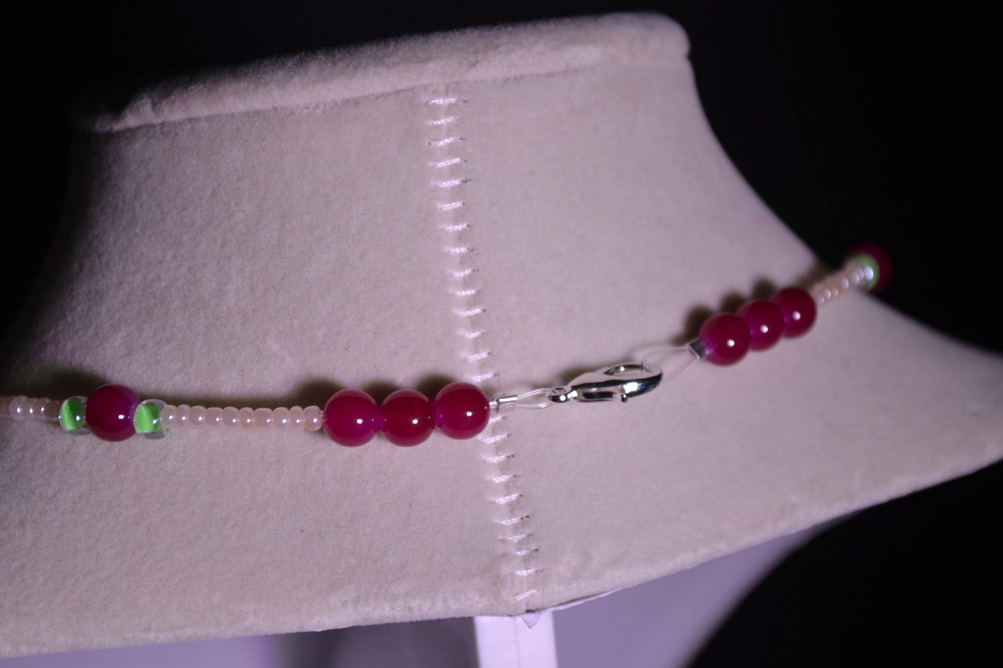 Cranberry and green glass bead necklace