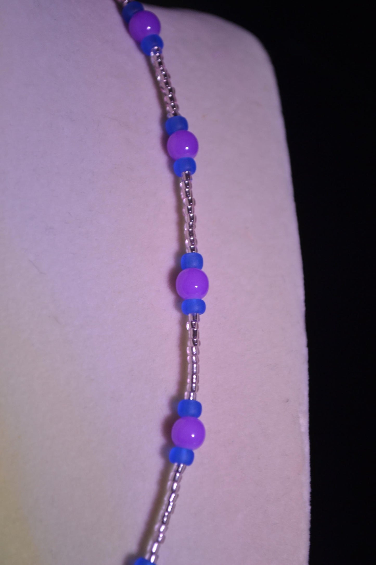 Multicolor glass bead necklace. Purple, rose, and blue