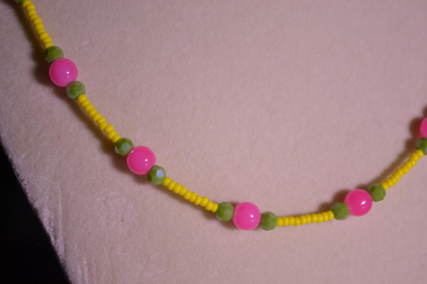 Multicolor glass bead necklace. Pink, yellow, and green