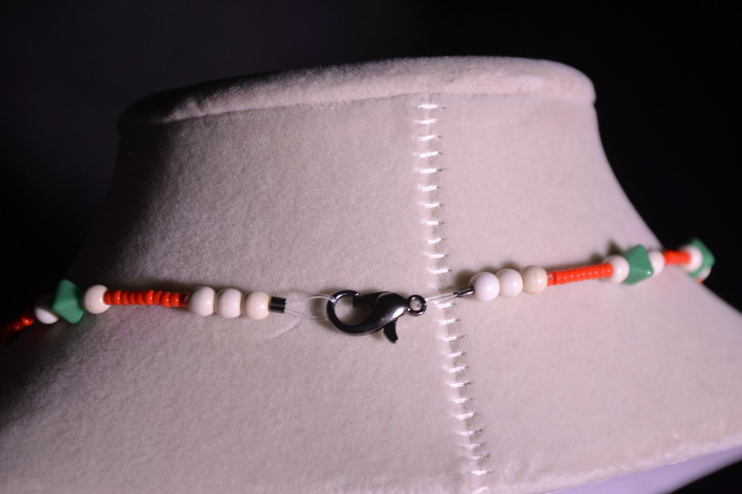 Glass bead necklace. Red, white and green