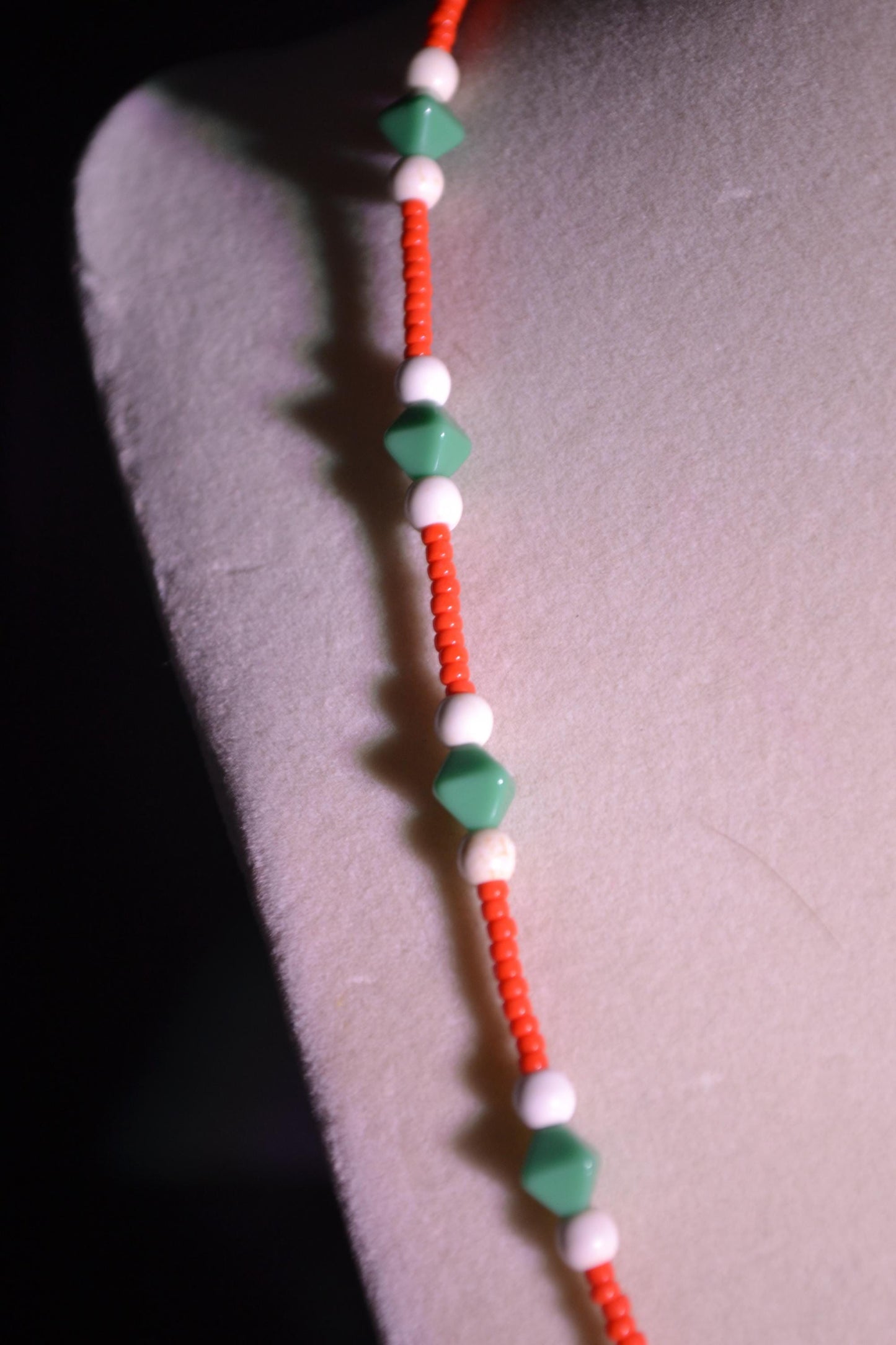 Glass bead necklace. Red, white and green