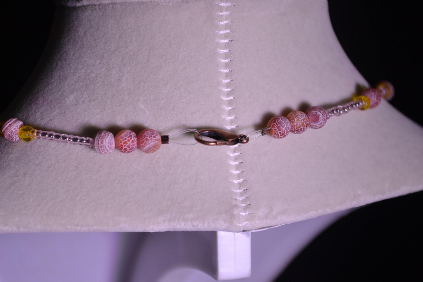 Multicolor glass bead necklace. Crackled red, yellow, and rose