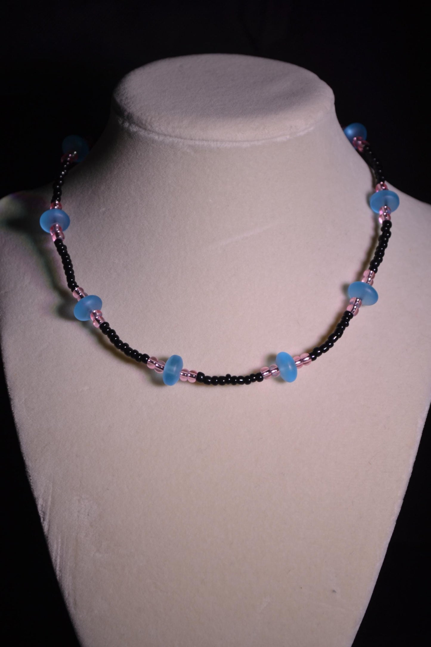 Multicolor glass bead choker. Aqua, black, and pink