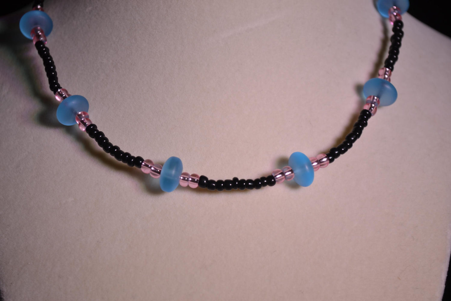 Multicolor glass bead choker. Aqua, black, and pink