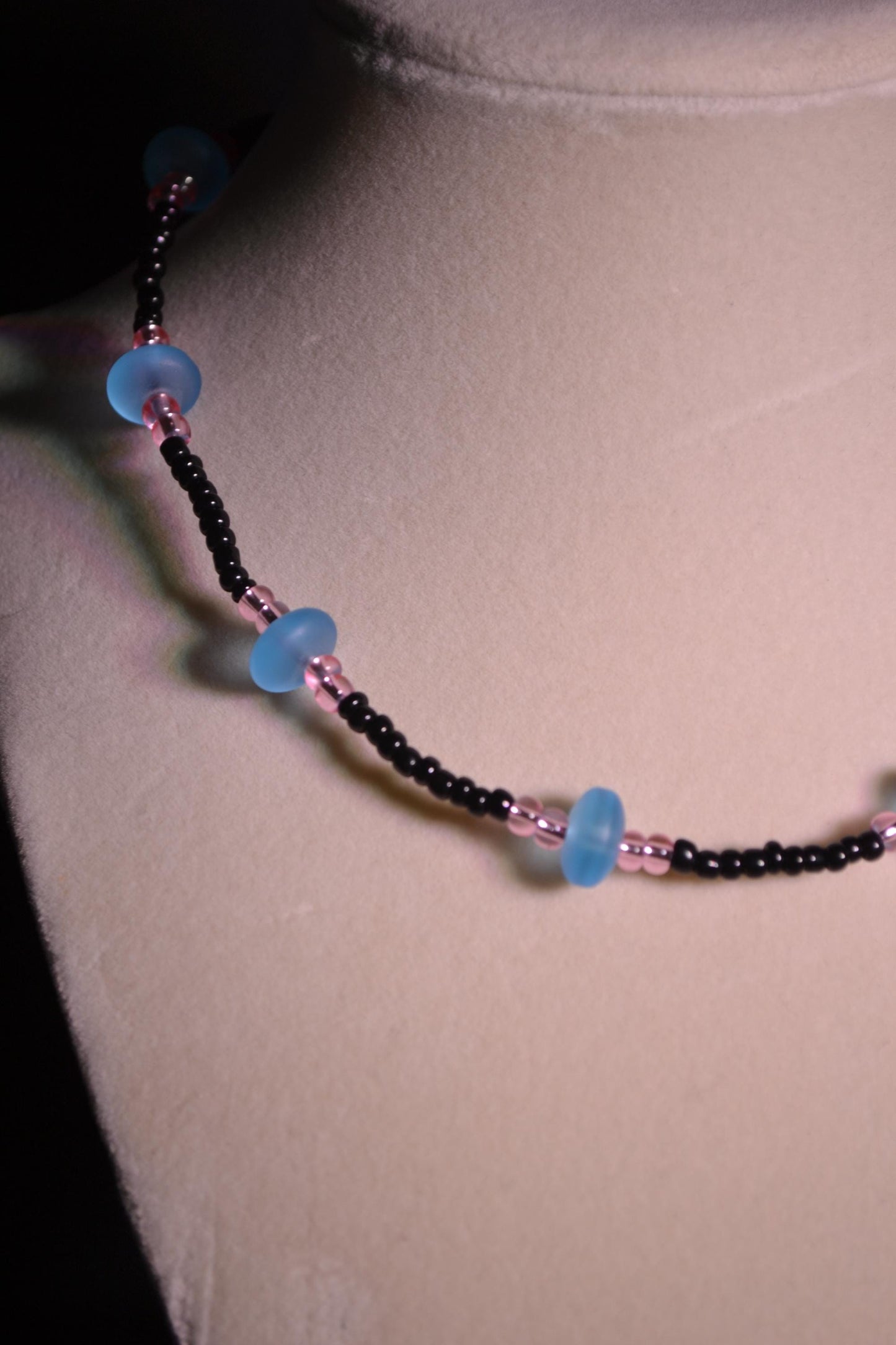 Multicolor glass bead choker. Aqua, black, and pink