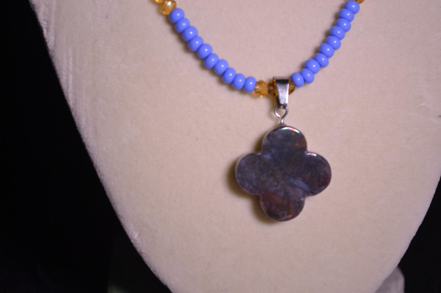 Multicolor glass bead necklace. Periwinkle and topaz.