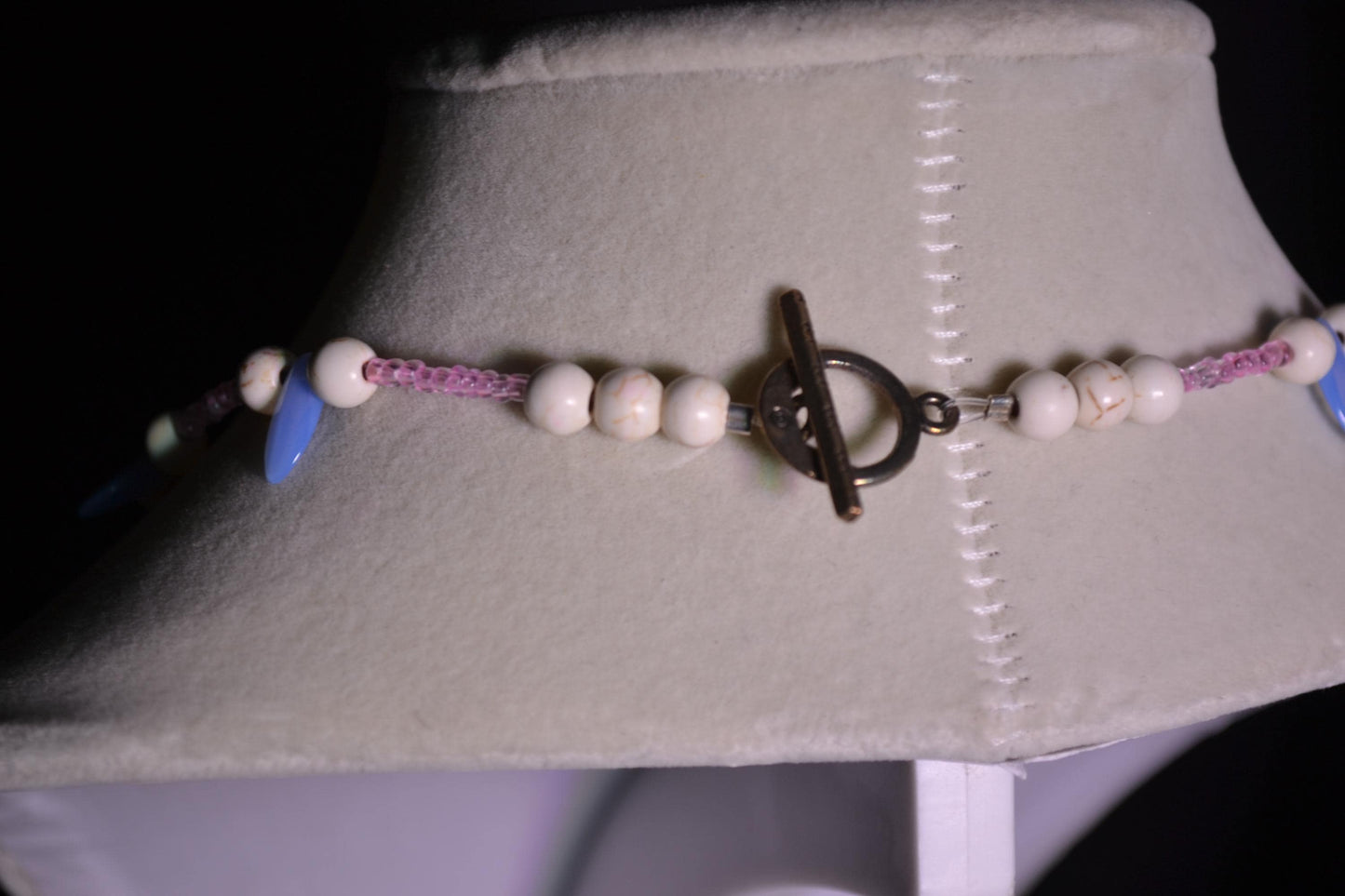 Multicolor glass bead necklace. Pink, blue, and white