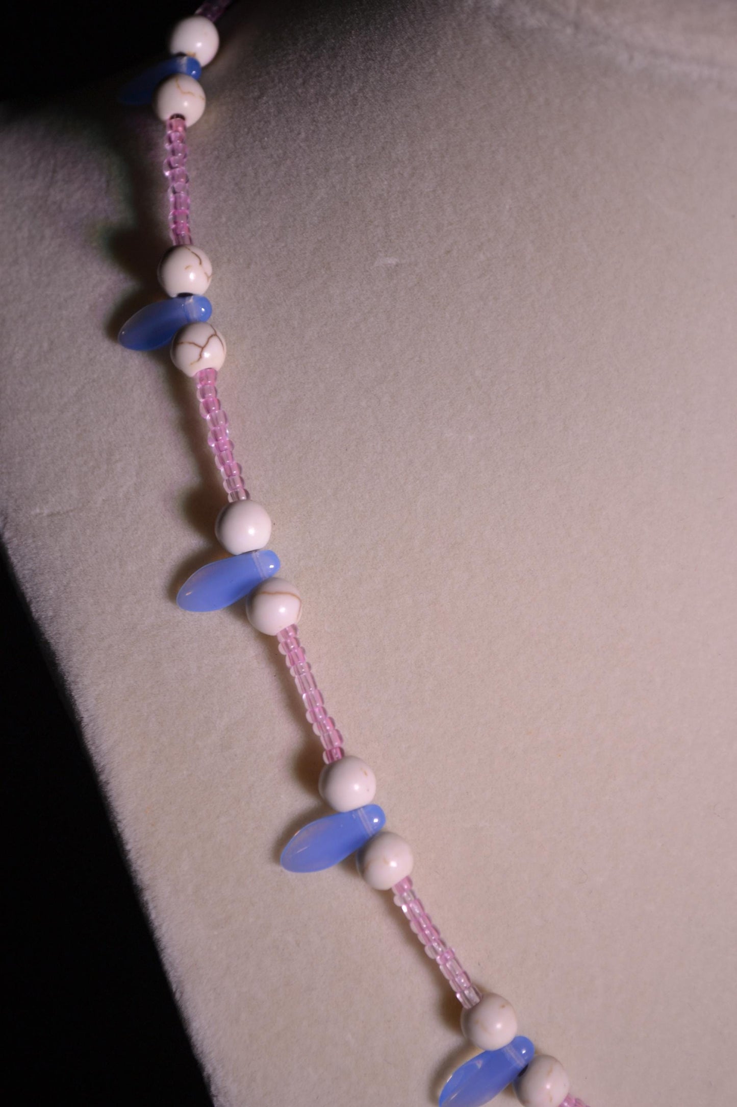 Multicolor glass bead necklace. Pink, blue, and white