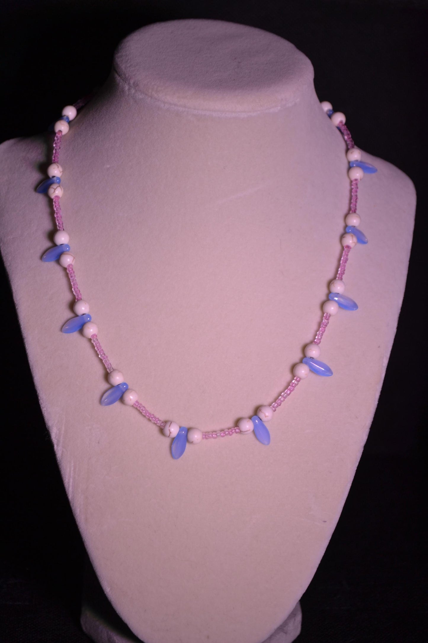 Multicolor glass bead necklace. Pink, blue, and white