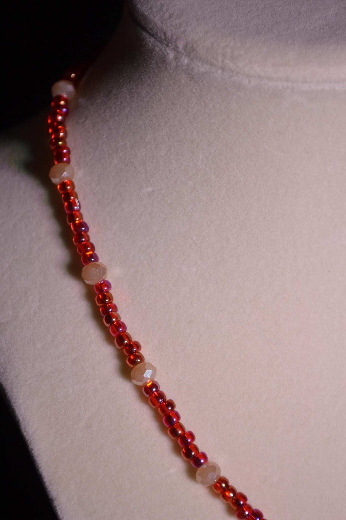 Glass bead necklace. Fairy pendant. Red and peachy pearl