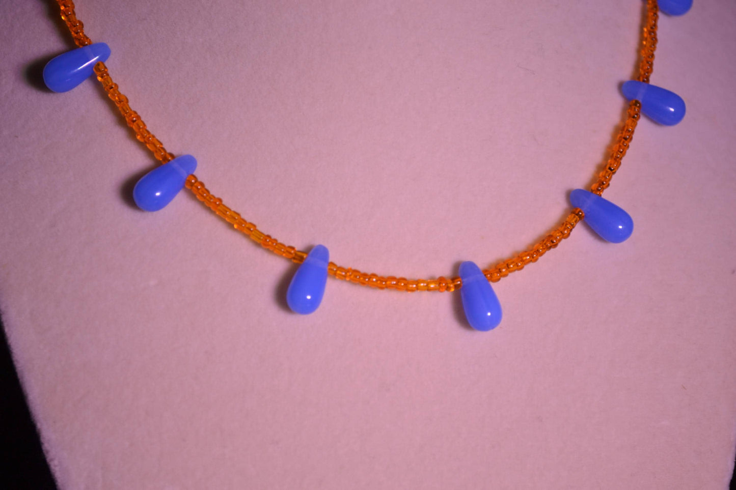 Orange & blue glass bead necklace