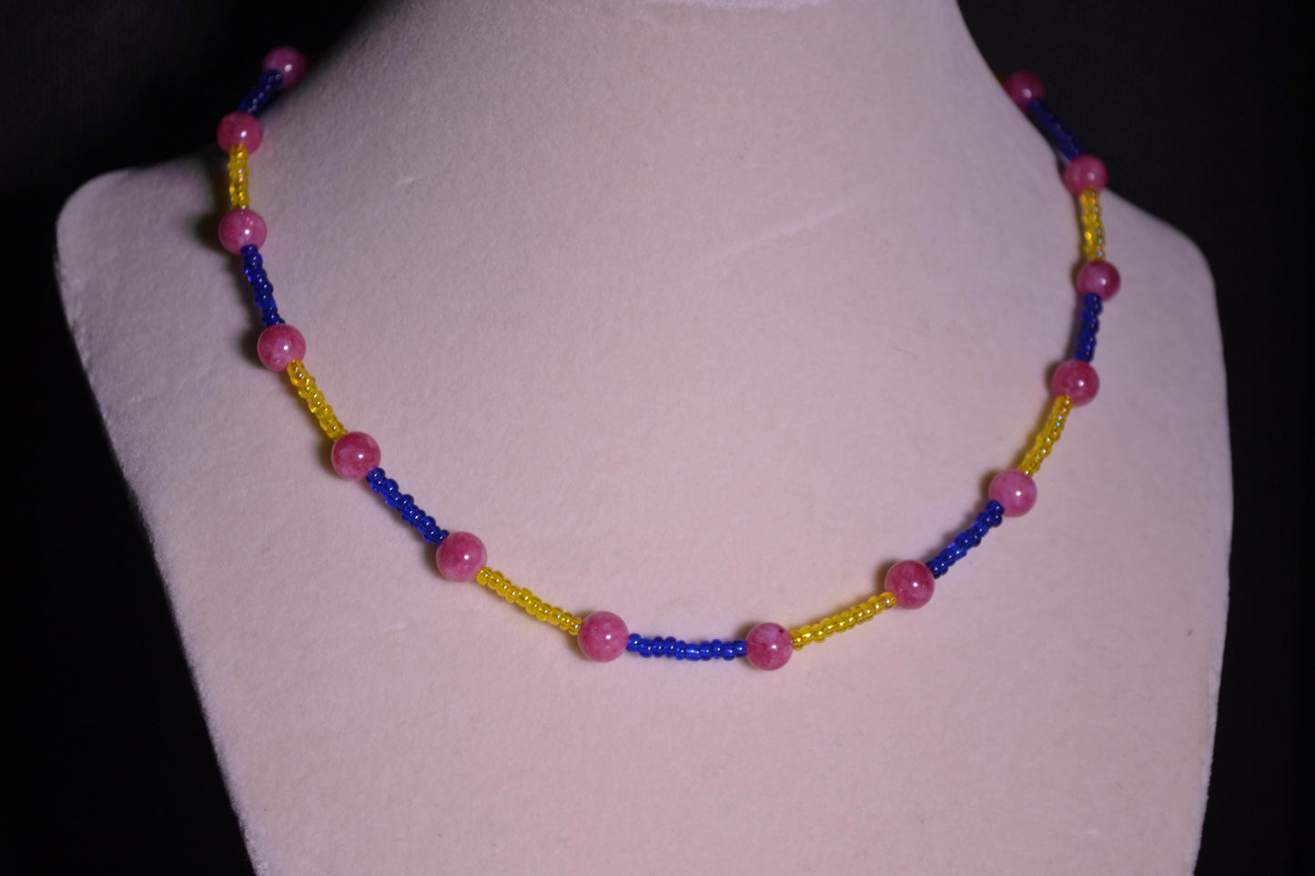 Yellow, blue, and pink glass bead necklace