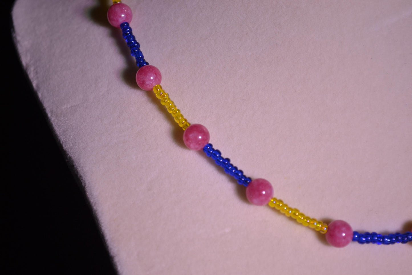Yellow, blue, and pink glass bead necklace
