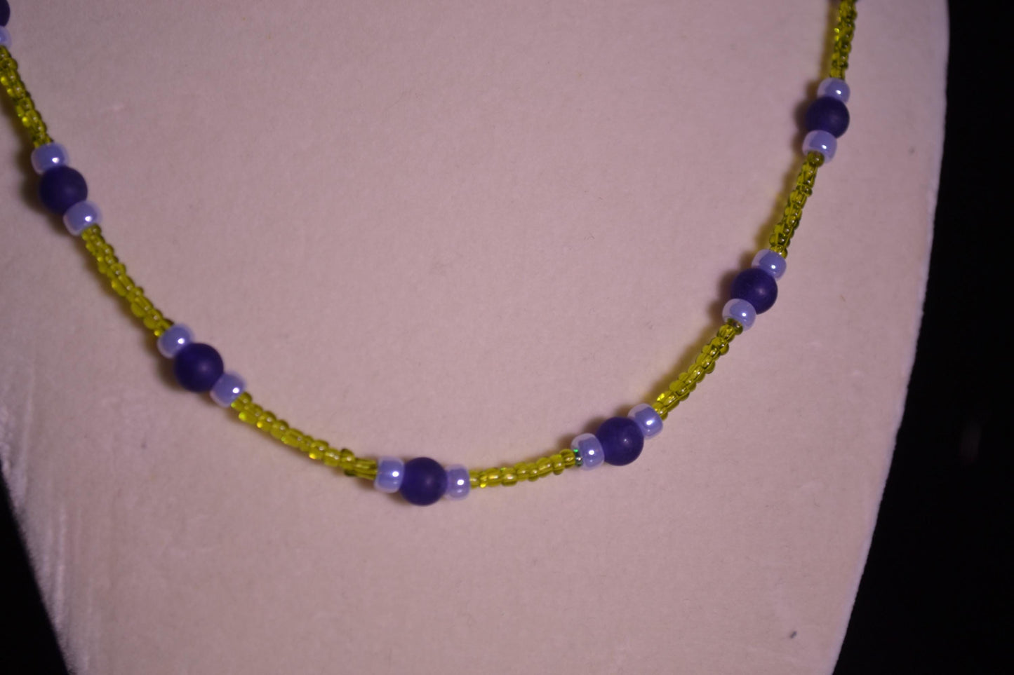 Purple and yellow glass bead necklace