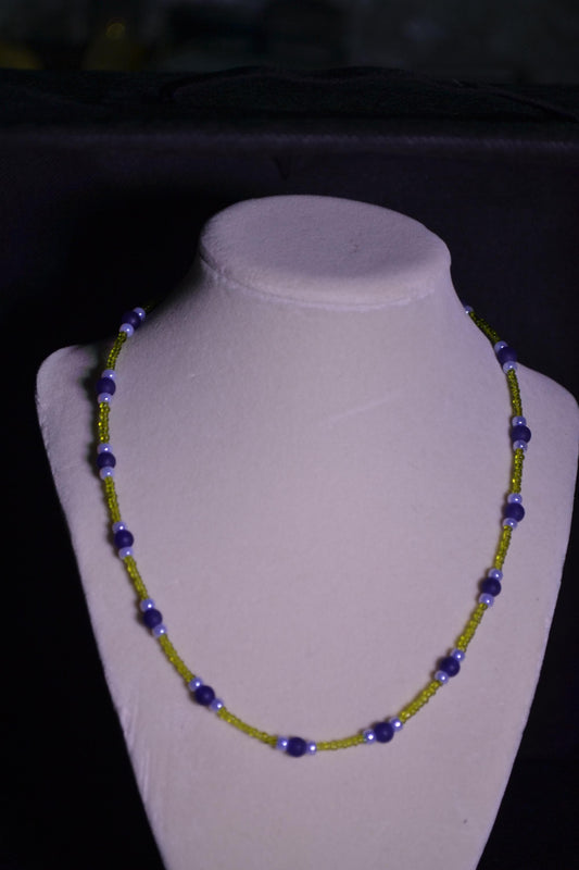 Purple and yellow glass bead necklace
