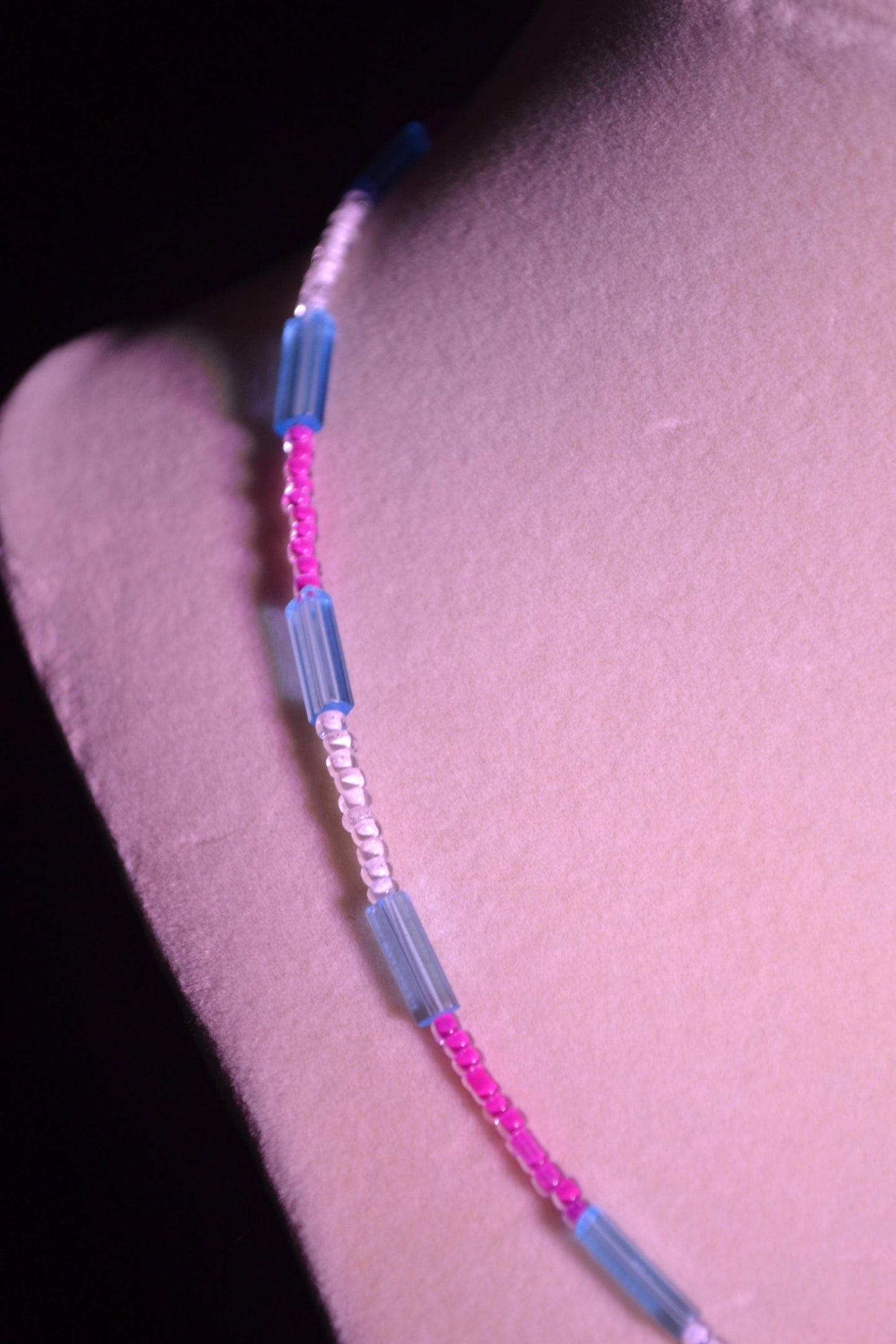 Multicolor glass bead necklace. Pink, blue, and white