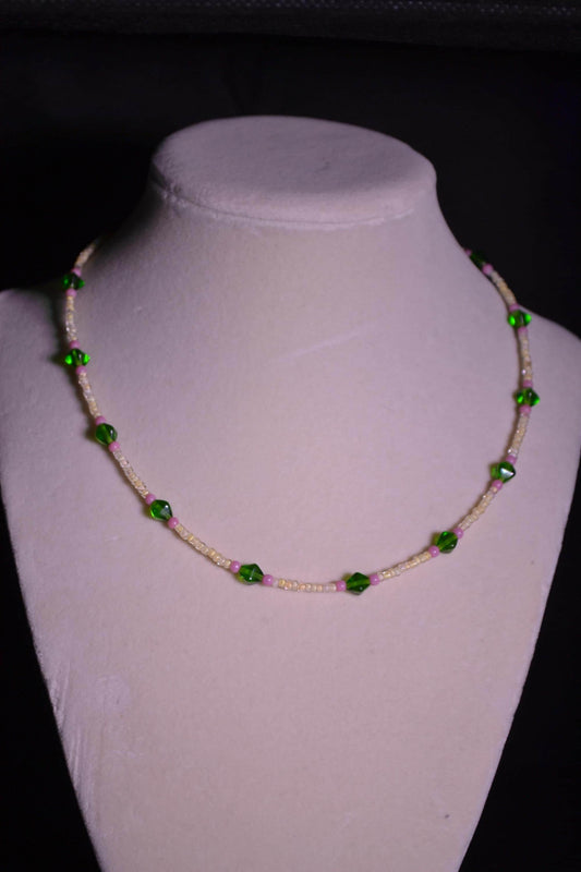 Multicolor glass bead necklace. Green, pink, yellow