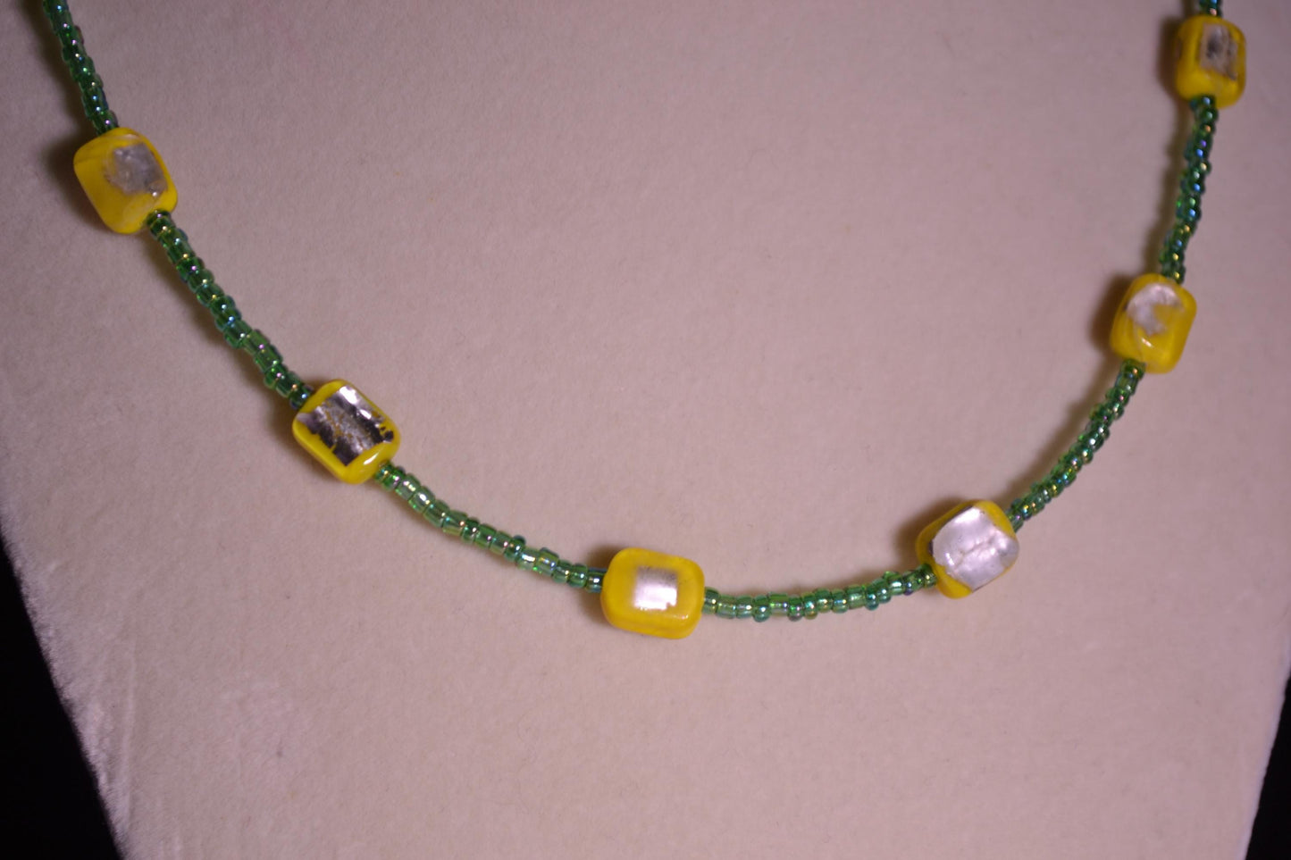 Yellow, Silver, and Green glass bead necklace