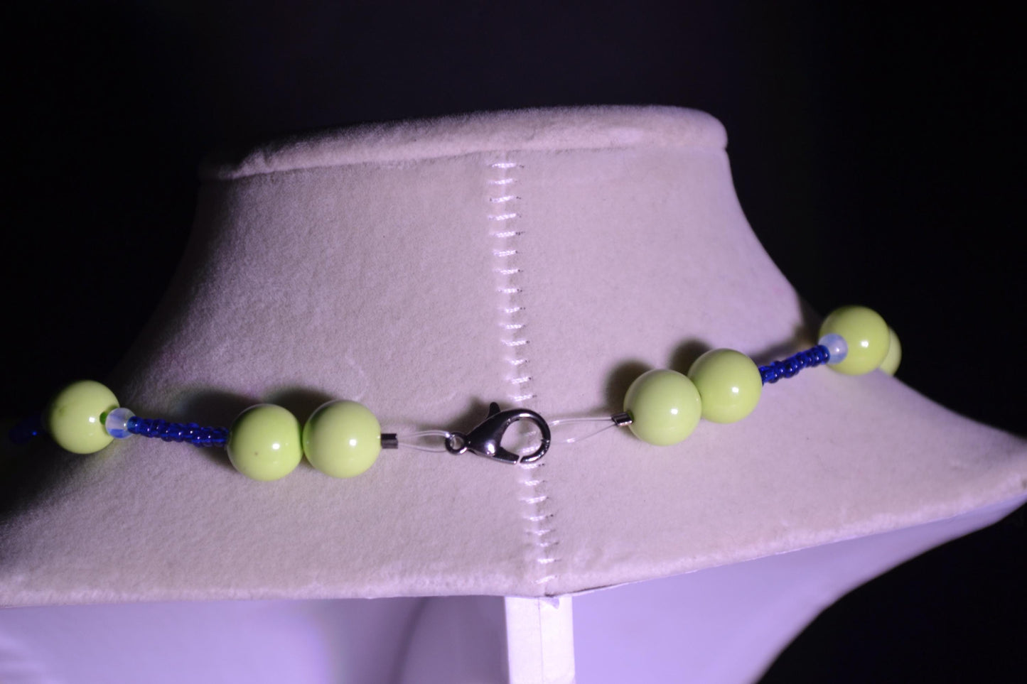 Multicolor glass bead necklace. Lime green and blue