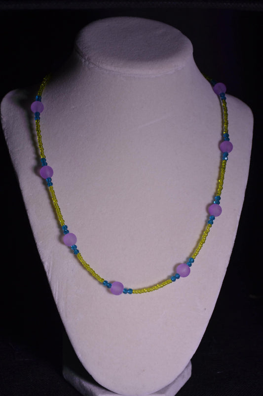 Multicolor glass bead necklace. Purple, green, and blue