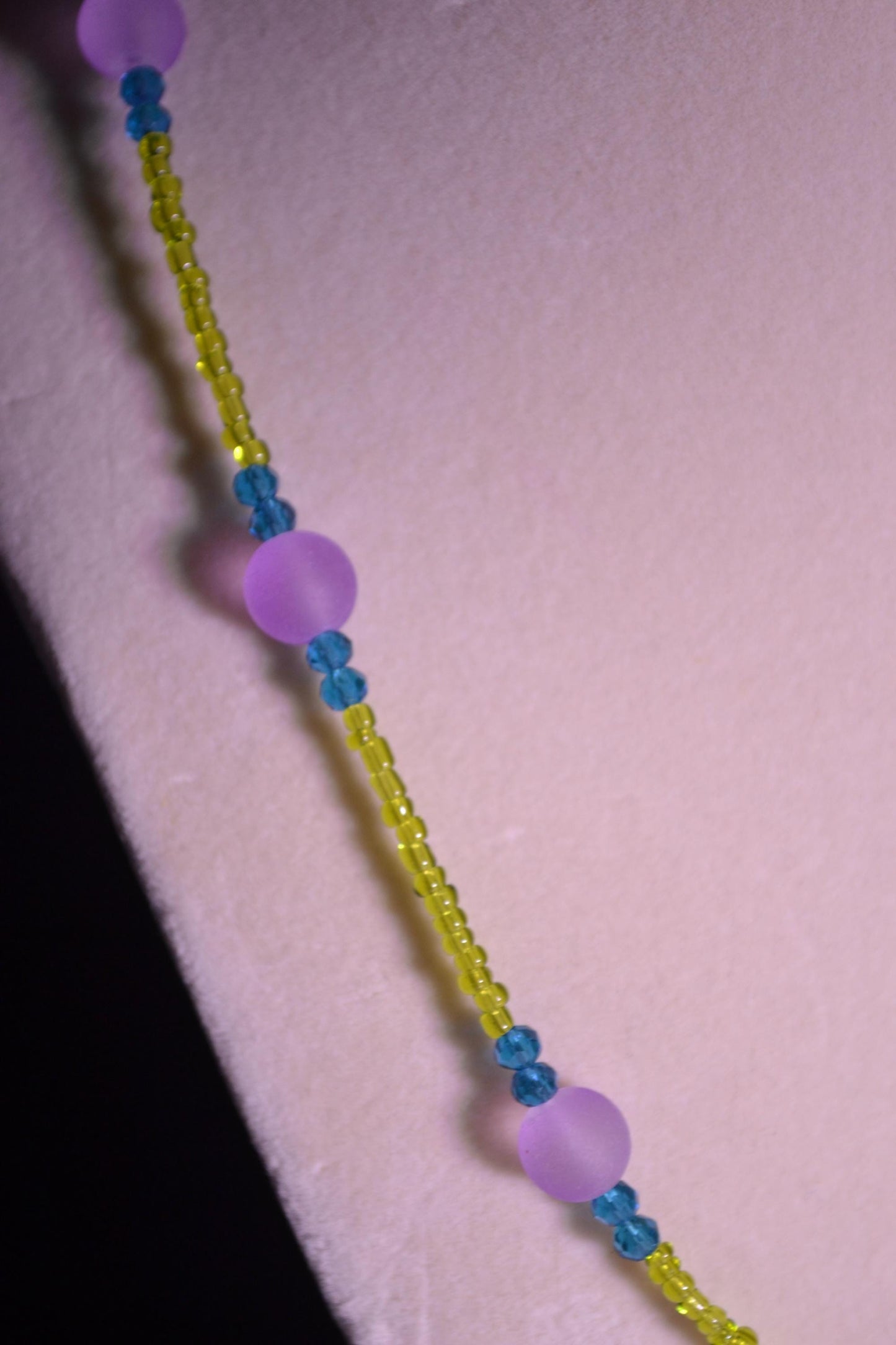 Multicolor glass bead necklace. Purple, green, and blue