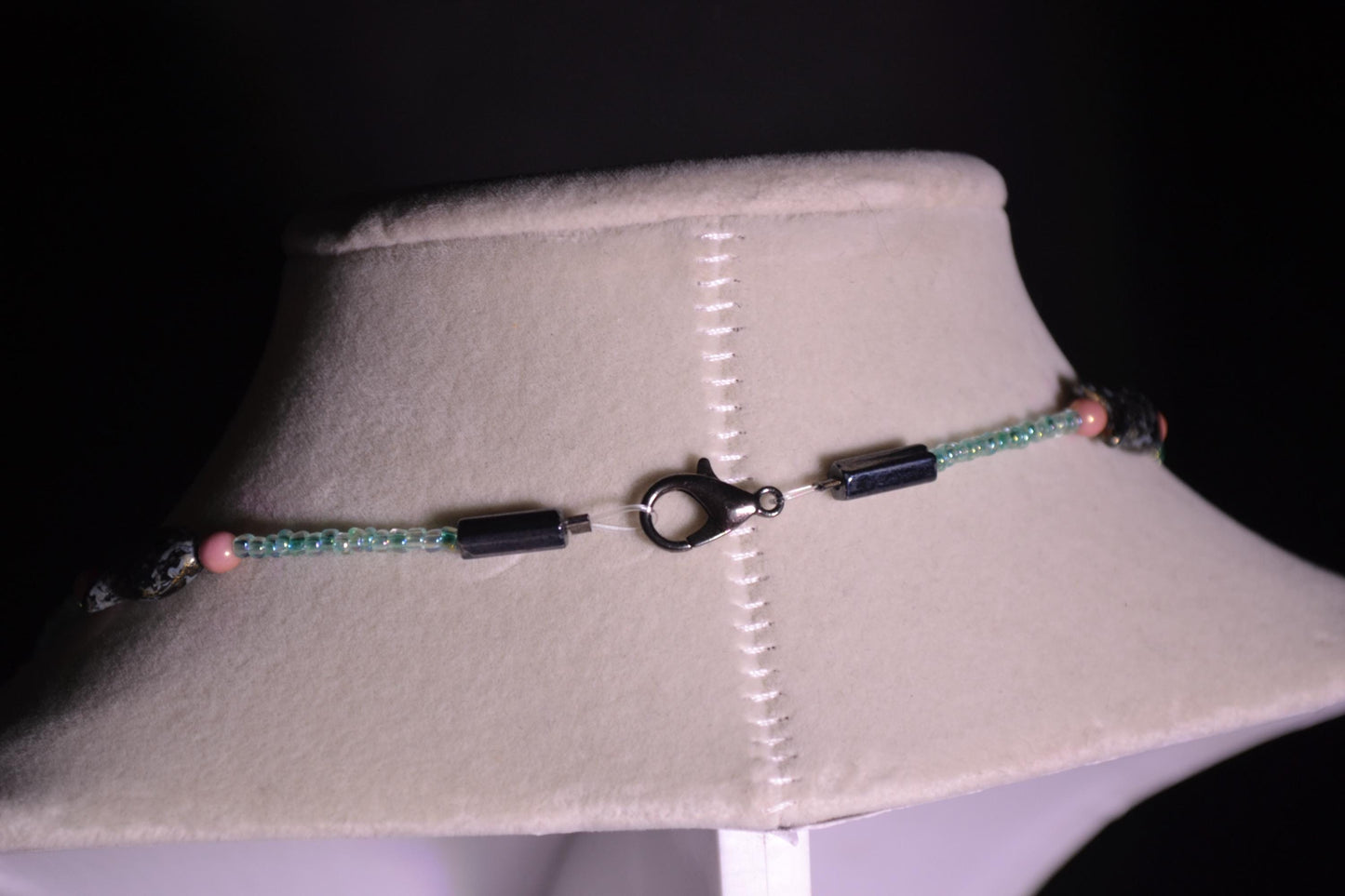 Beaded fish necklace. Blue, pink, and fish beads