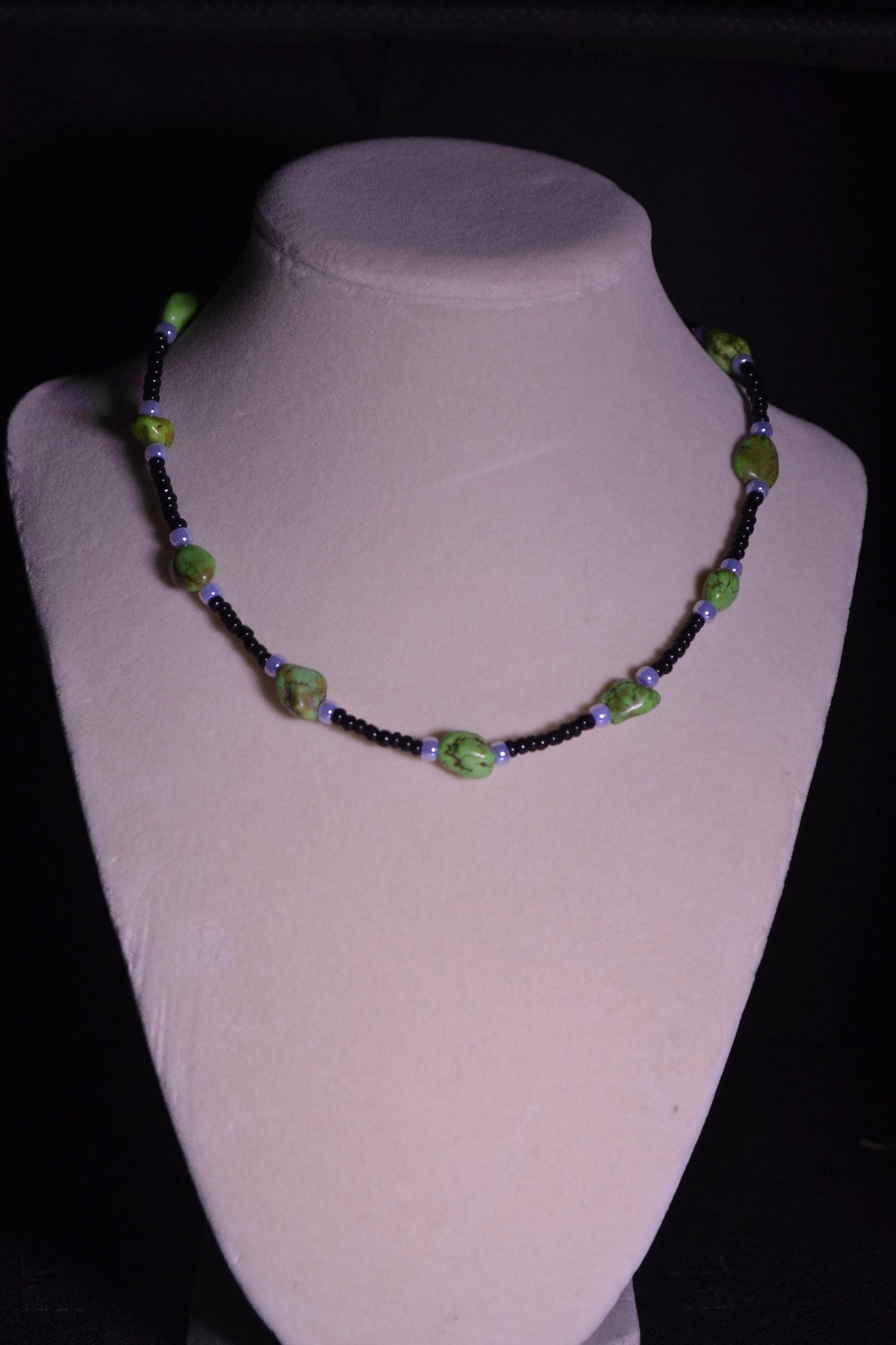 Multicolor glass bead necklace. Green turquoise, black, and purple
