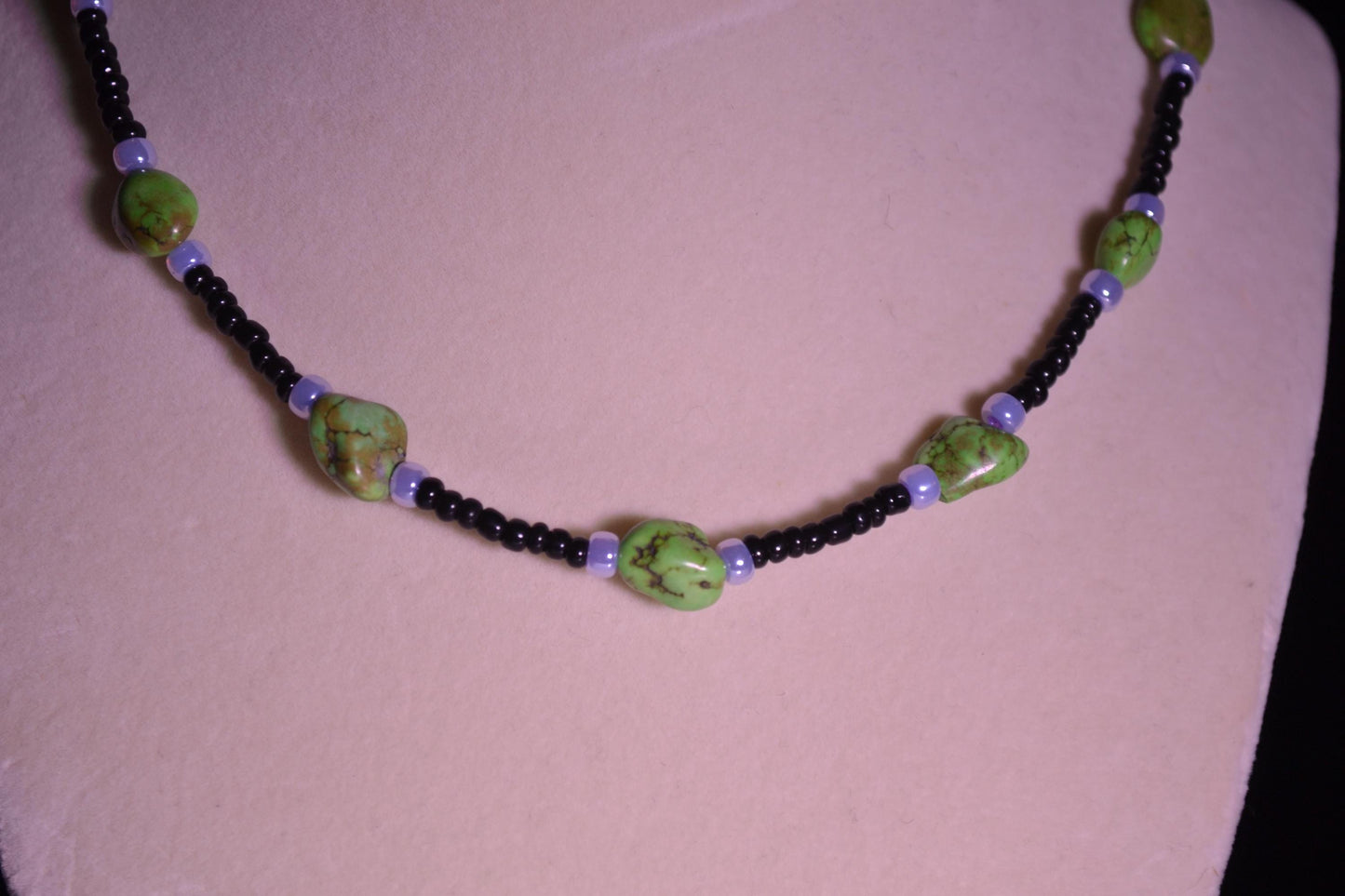 Multicolor glass bead necklace. Green turquoise, black, and purple